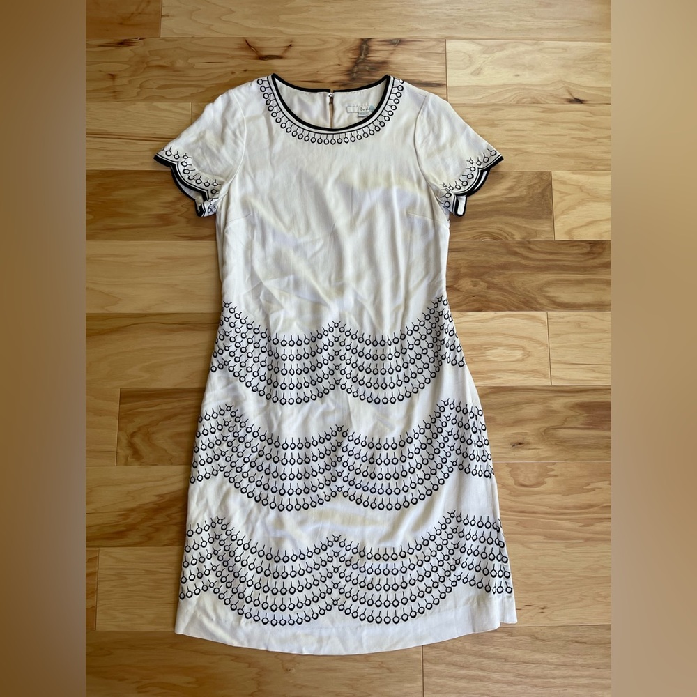 Boden fancy embroidered shift dress in pearl and black, size 4L